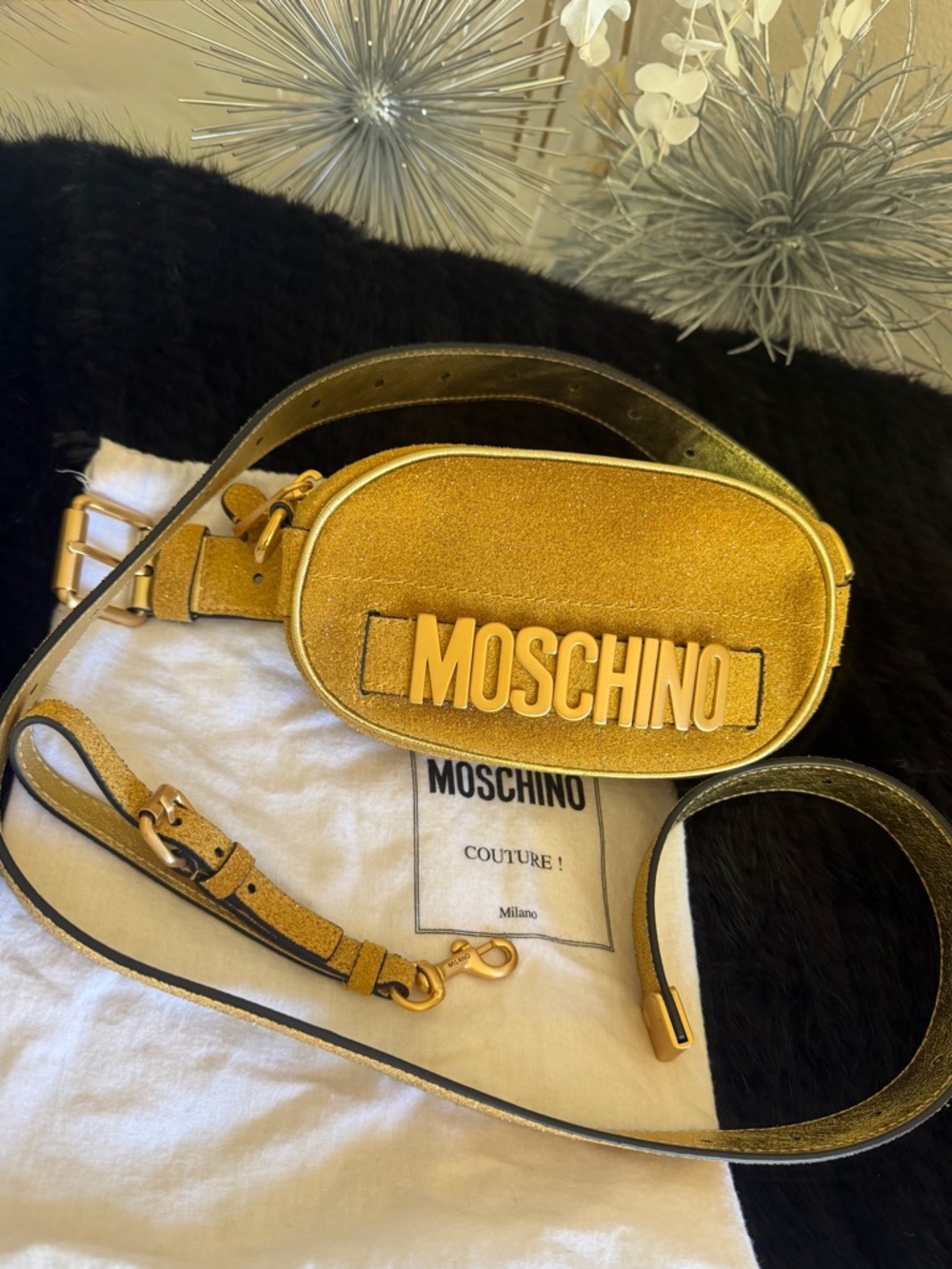 Moschino Gold Glitter Logo Belt Bag